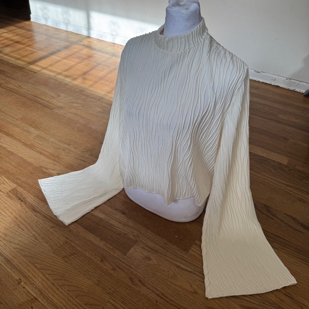Cider Cream Wavy Textured Plisse Mock Neck Bell Sleeve Top XL - Picture 2 of 8